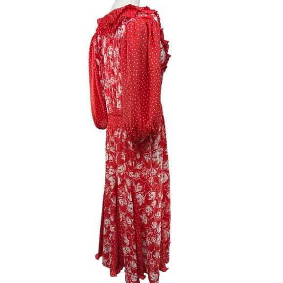 Diane Freis Georgette Midi Dress Size Large Pleated Floral Red Ruffles VTG 80s - Picture 6 of 10